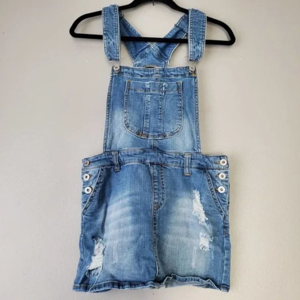 Distressed Denim Overall * Buckle * Pocket Mini Dress size Small
